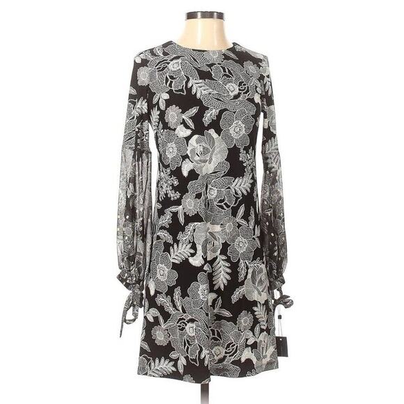 Tommy Hilfiger Womens Size 2P Black & White Floral Mini Dress With Long Sleeves - Picture 1 of 15
